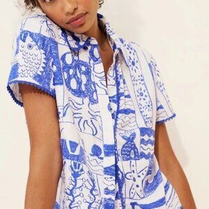 Anthropologie Farm Rio Nautical Blue White Button Down Shirt Womens S Fish